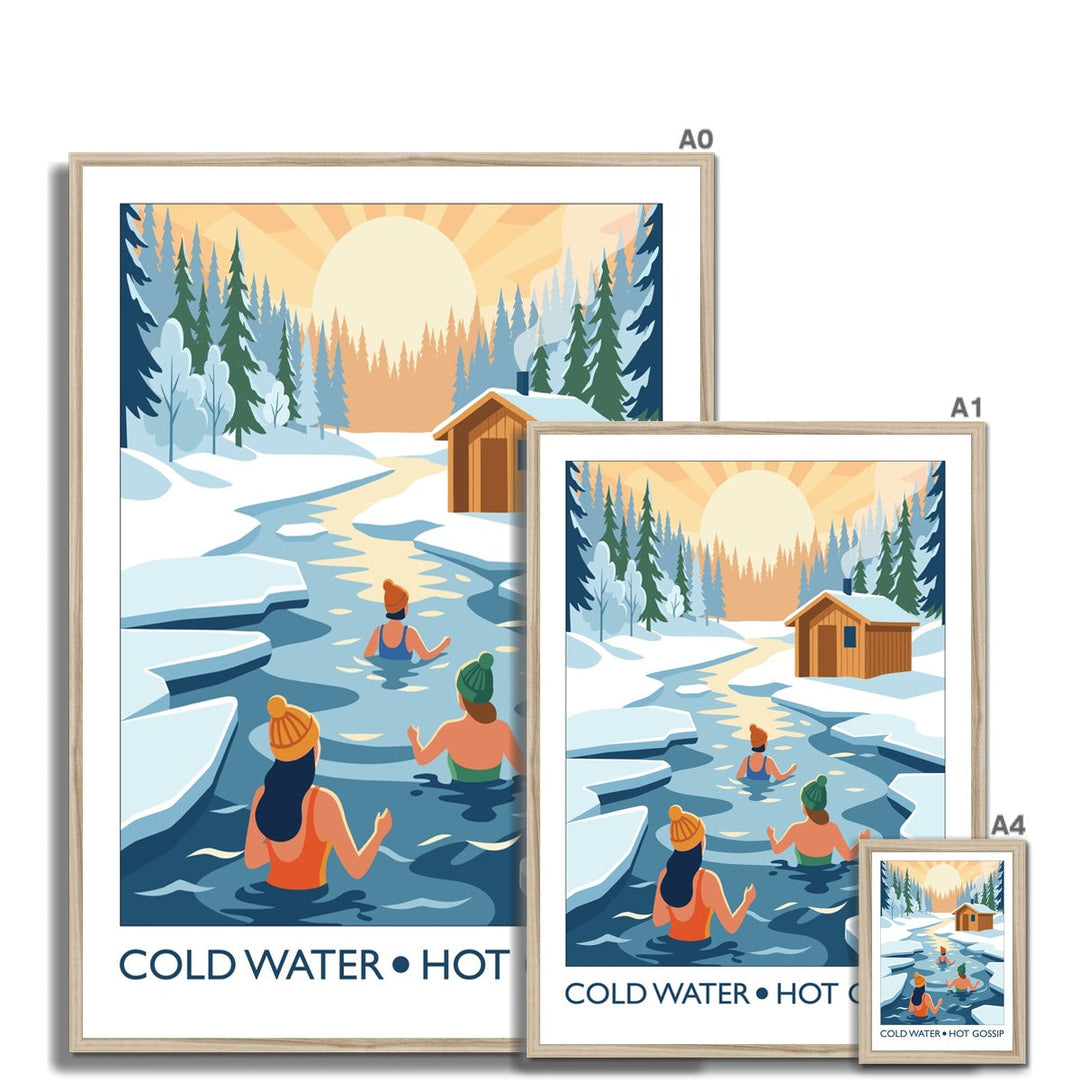 Cold Water Hot Gossip framed wild swimming art print shown in multiple sizes with natural frame