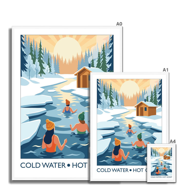 Cold Water Hot Gossip framed wild swimming art print shown in multiple sizes with white frame