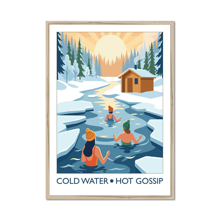 Framed wild swimming art print in a natural frame showing swimmers chatting in cold water titled Cold Water Hot Gossip