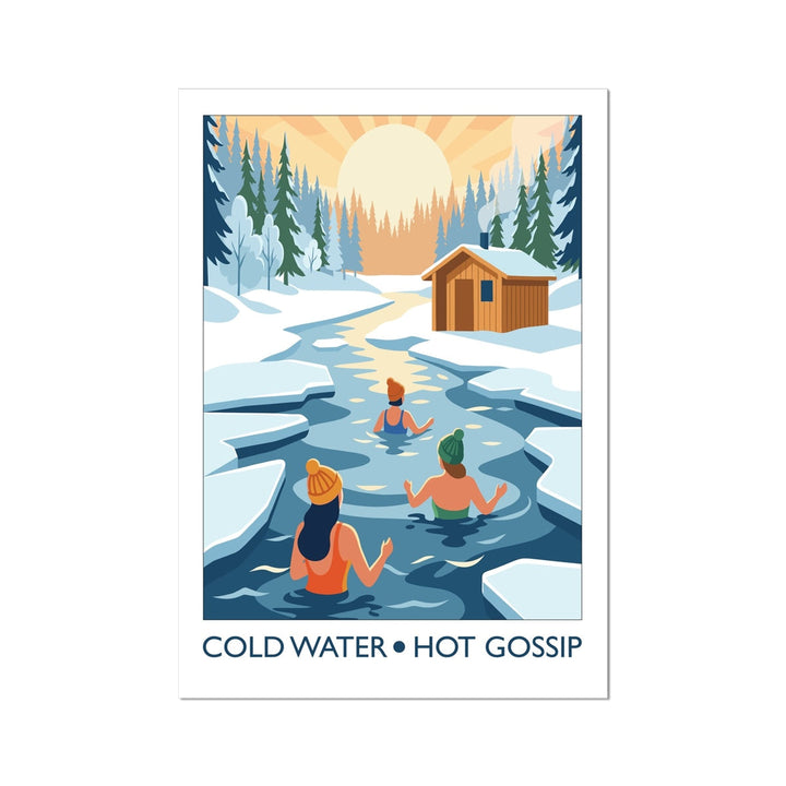 Wild swimming art print showing winter swimmers chatting together in frosty waters titled Cold Water Hot Gossip