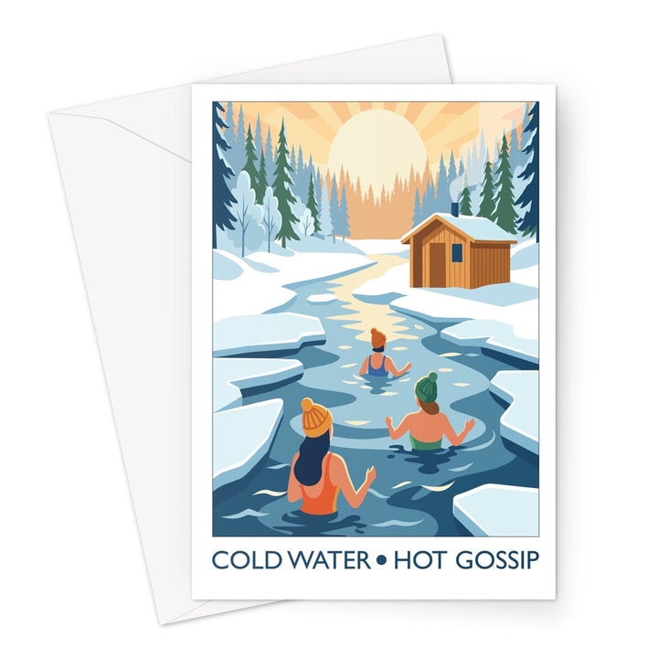 Wild swimming greeting card showing swimmers chatting in cold water titled Cold Water Hot Gossip