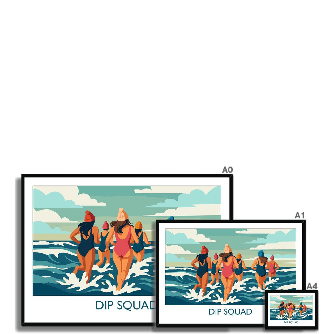 Dip Squad framed wild swimming art print shown in multiple sizes with black frame