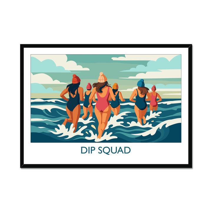 Framed wild swimming art print in black frame showing group of swimmers entering the sea titled Dip Squad