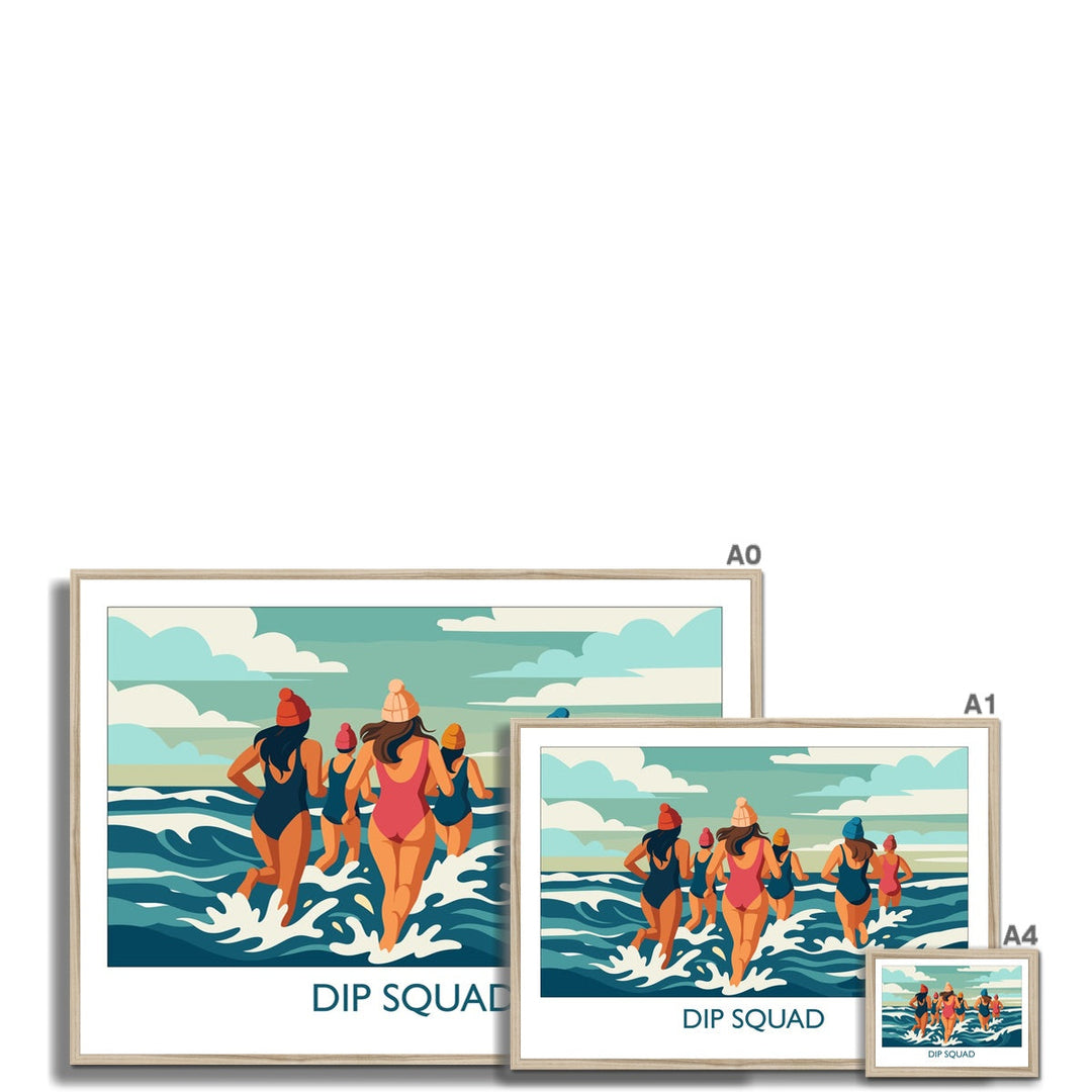 Dip Squad framed wild swimming art print shown in multiple sizes with natural frame