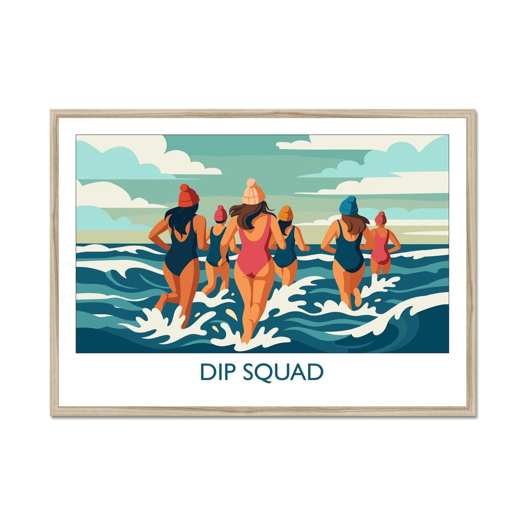 Framed wild swimming art print in a natural frame showing group of swimmers entering the sea titled Dip Squad