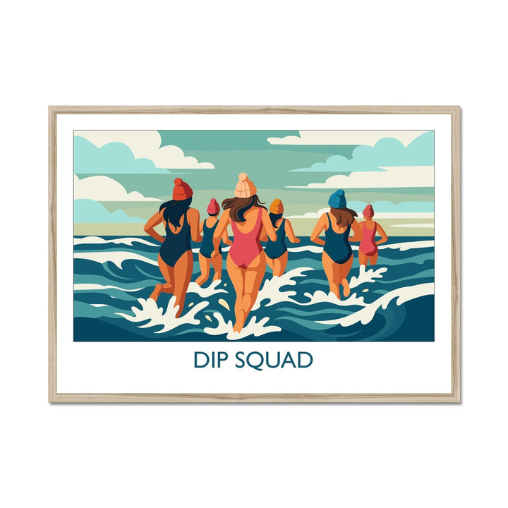 Framed wild swimming art print in a natural frame showing group of swimmers entering the sea titled Dip Squad