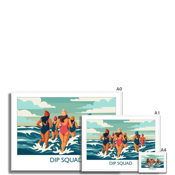 Dip Squad framed wild swimming art print shown in multiple sizes with white frame