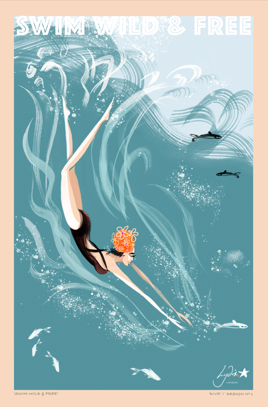 A stylized tea towel featuring a wild swimmer swimming underwater with waves and fish, with the text &