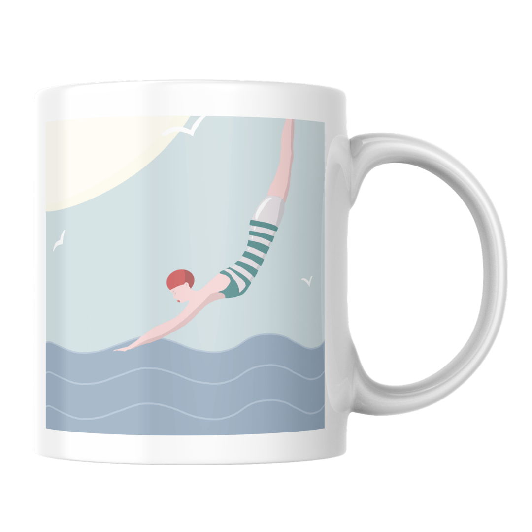 A white ceramic mug featuring a retro illustration of a woman diving into the water, set against a clean white background.