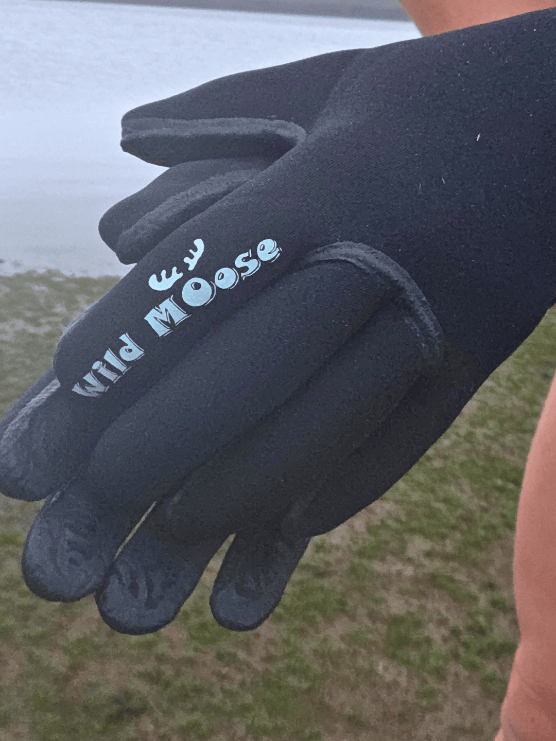 Black glove with 'Wild Moose' branding held in front of a blurred natural background