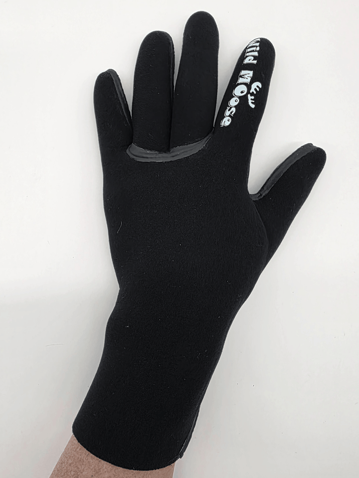 Black neoprene glove with a brand logo on a white background
