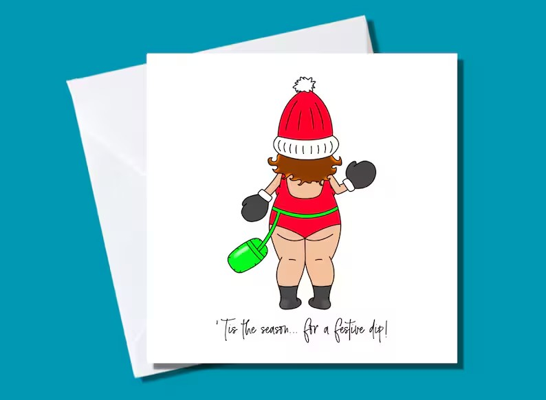 ’Tis the season for a festive dip card – unique Christmas greeting card for open water swimmers and cold water dippers.