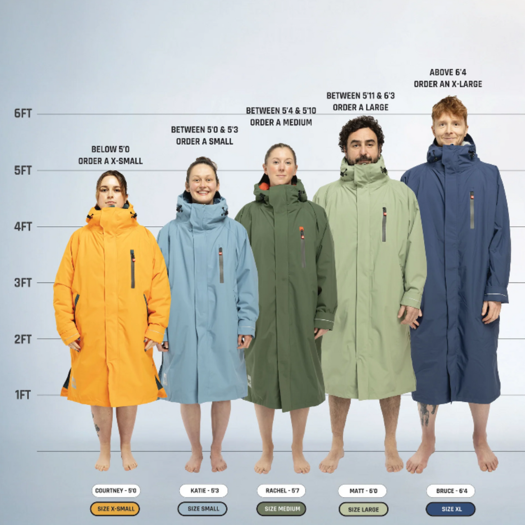 Fit guide showing people of various heights wearing the Red Alter Evo changing robe as sizing recommendations are predominantly based on height to give you the right length of robe.