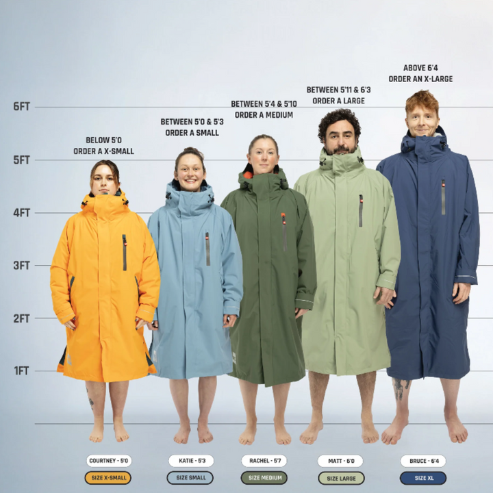 Fit guide showing people of various heights wearing the Red Alter Evo changing robe as sizing recommendations are predominantly based on height to give you the right length of robe.