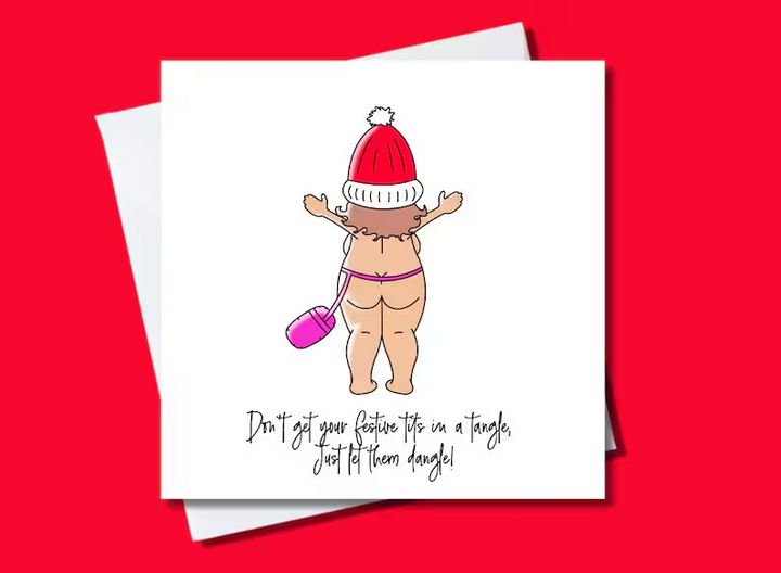 Funny Christmas card for open water swimmers with a festive dip design and the phrase “Don’t get your festive tits in a tangle.”