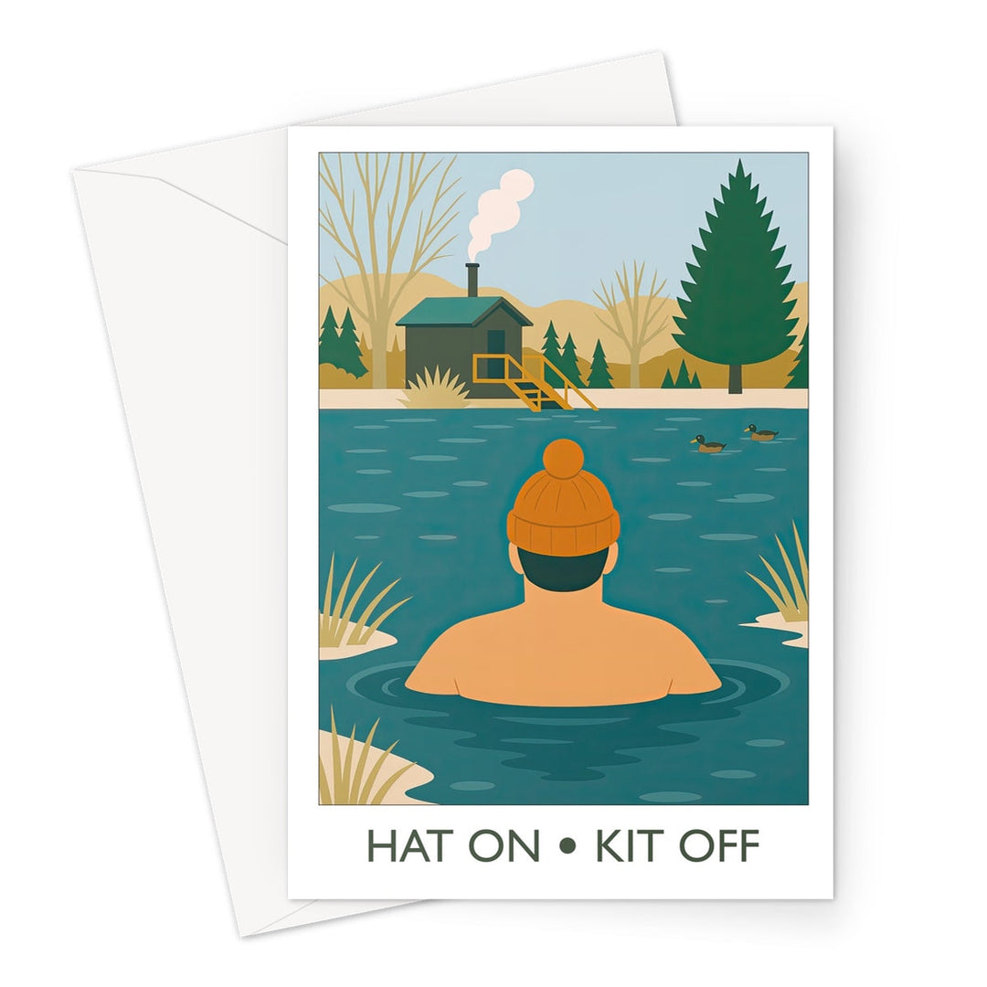 Wild swimming greeting card featuring a swimmer in a bobble hat entering a cold water lake, illustrated design by Wild Swim Studio.
