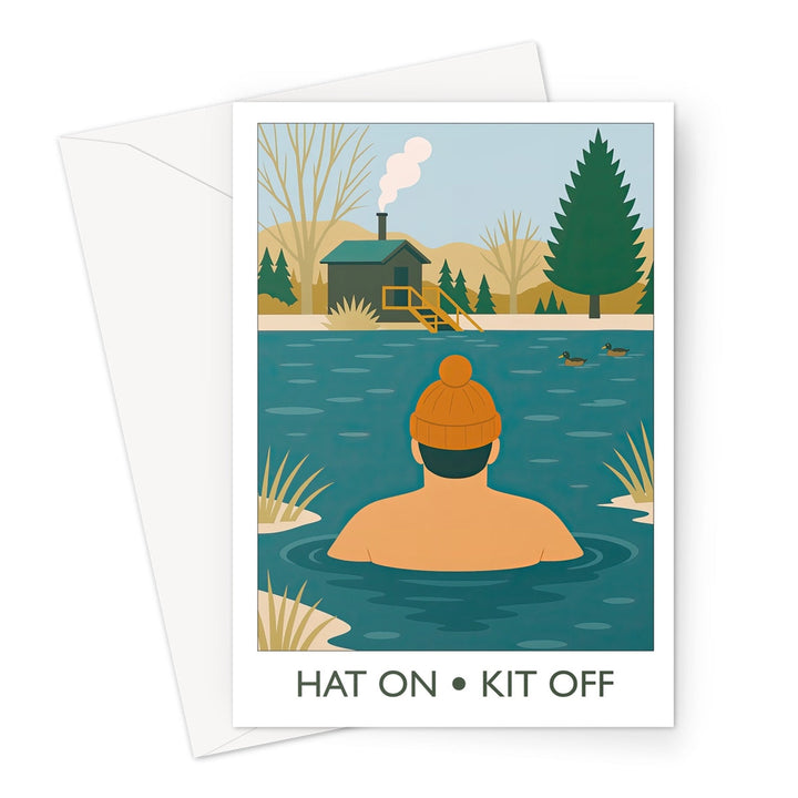 Wild swimming greeting card featuring a swimmer in a bobble hat entering a cold water lake, illustrated design by Wild Swim Studio.