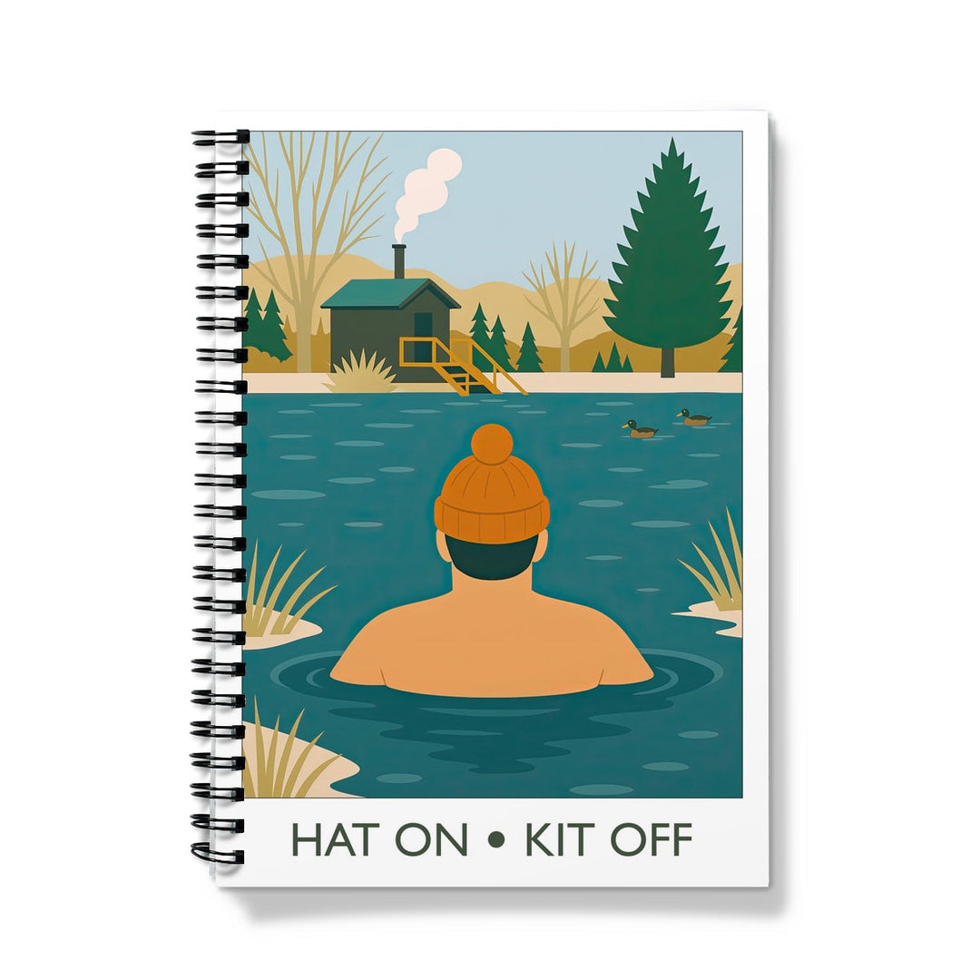 Front cover of the Hat On Kit Off notebook with an illustration of a cold water swimmer in woolly hat. Spiral bound, A5 or A4