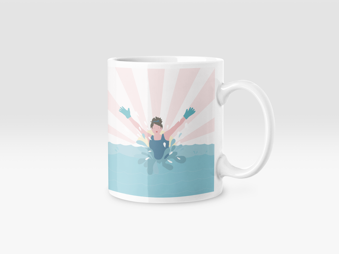 A white ceramic mug featuring a retro illustration of a swimmer jumping out of the water, set against a light grey studio background.