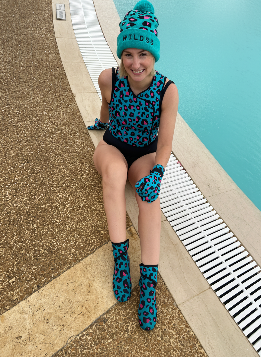 Swimmer wearing a Wild Swimming Socks Leopard print waterproof bobble hat with the matching leopard print body warmer, socks and gloves – fun gear for wild swimmers.