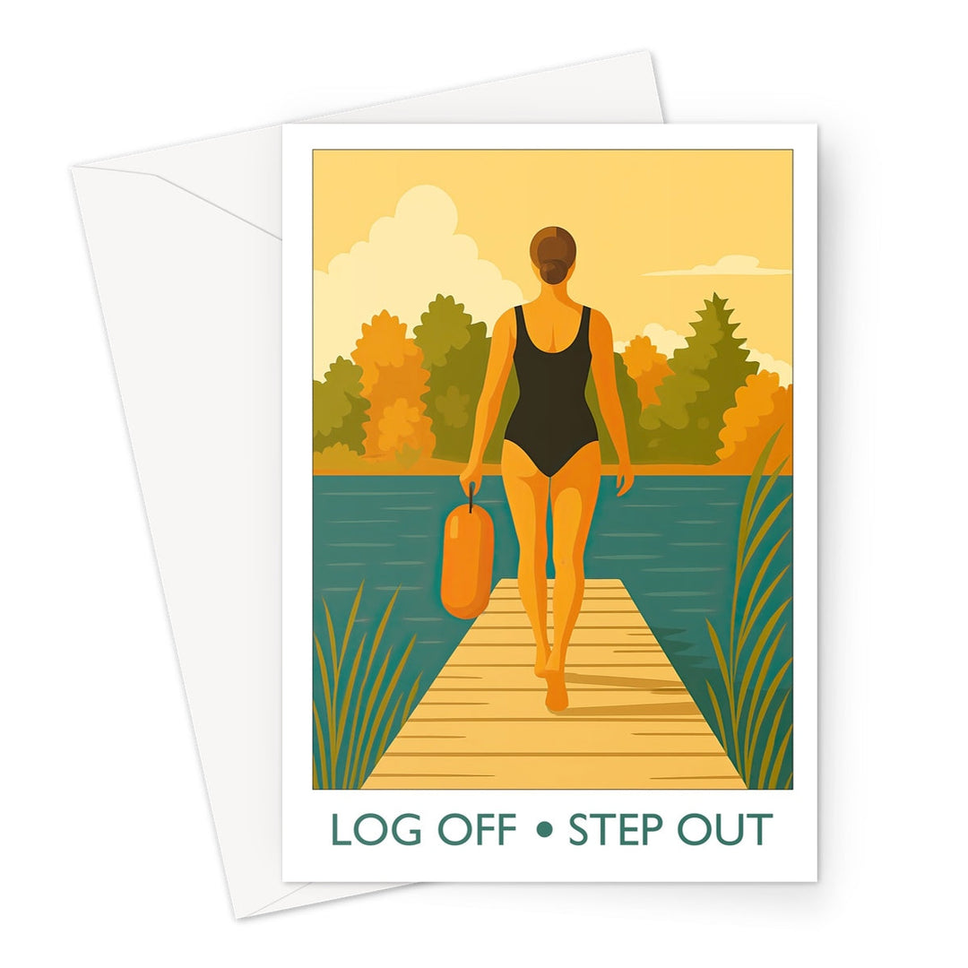 Illustrated greeting card showing a swimmer walking along a wooden jetty towards open water, carrying an orange tow float — a design celebrating digital detox and mindful outdoor swimming.