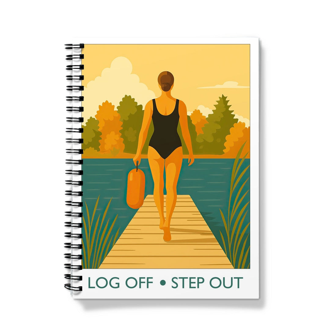 Log Off Step Out notebook cover — swimmer walking onto jetty with tow float, spiral bound