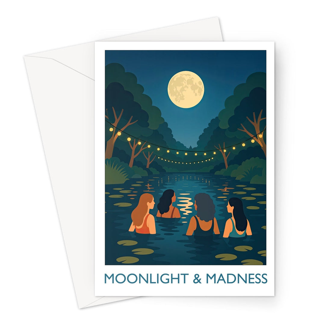 Moonlight and Madness wild swimming greeting card showing four swimmers in a moonlit lake with string lights and lily pads; perfect for night swimmers.