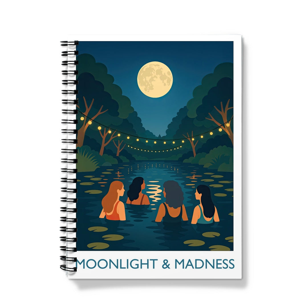 Moonlight & Madness notebook with an illustration of a group of wild swimmers under a full moon — spiral bound A5 or A4, lined or graph pages