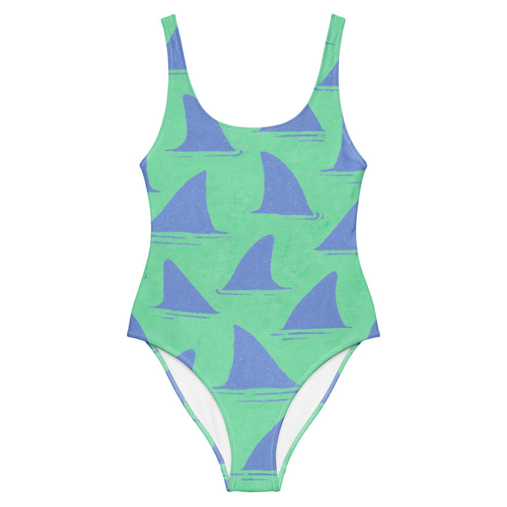 Front image of the Fins Swimsuit by Mor Swimmy — green and blue one-piece featuring hand-drawn shark fin design, perfect for wild swimming.