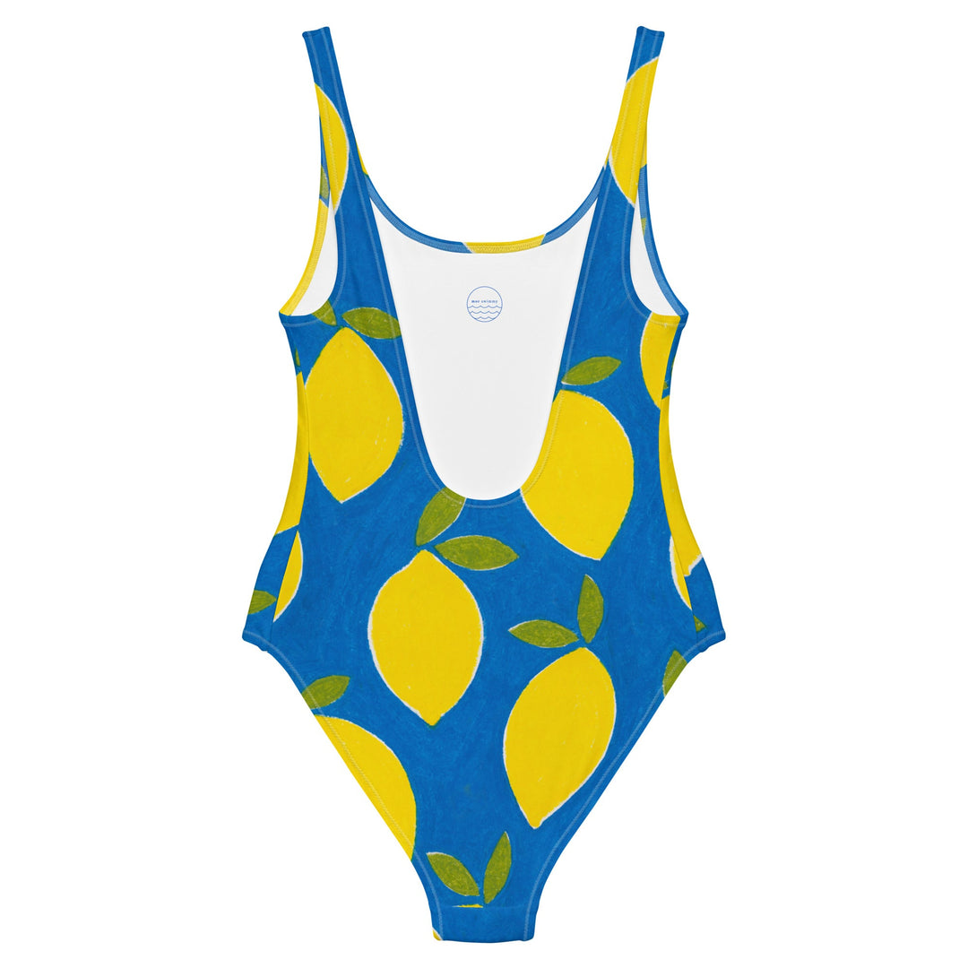 Back image of the Lemons Swimsuit by Mor Swimmy — blue one-piece with yellow lemon design, soft chlorine-resistant fabric, perfect for wild swimming.