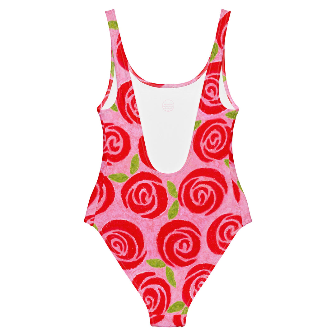 Back image of the Roses Swimsuit by Mor Swimmy — pink one-piece with red roses floral design, soft chlorine-resistant fabric, perfect for open water swimming.