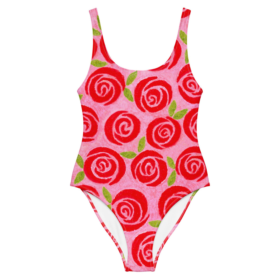 Front image of the Roses Swimsuit by Mor Swimmy — pink one-piece with red roses floral design, soft chlorine-resistant fabric, perfect for open water swimming.