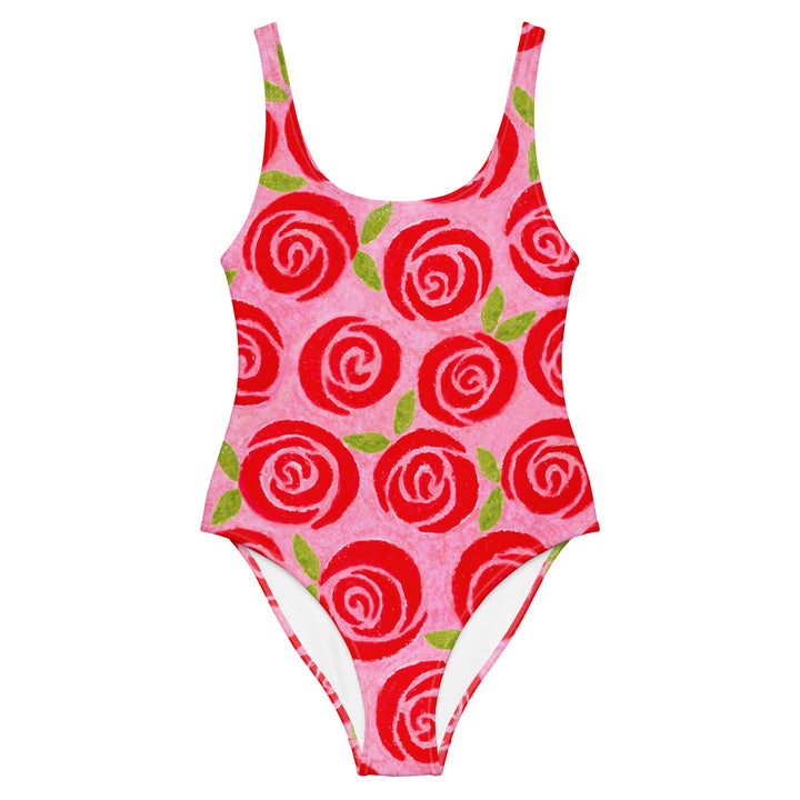 Front image of the Roses Swimsuit by Mor Swimmy — pink one-piece with red roses floral design, soft chlorine-resistant fabric, perfect for open water swimming.