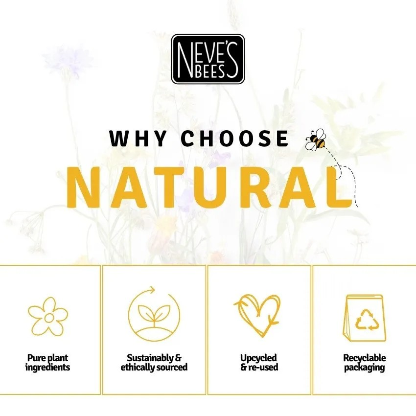Promotional graphic for Neve's Bees with text 'Why Choose Natural' and icons indicating sustainability.