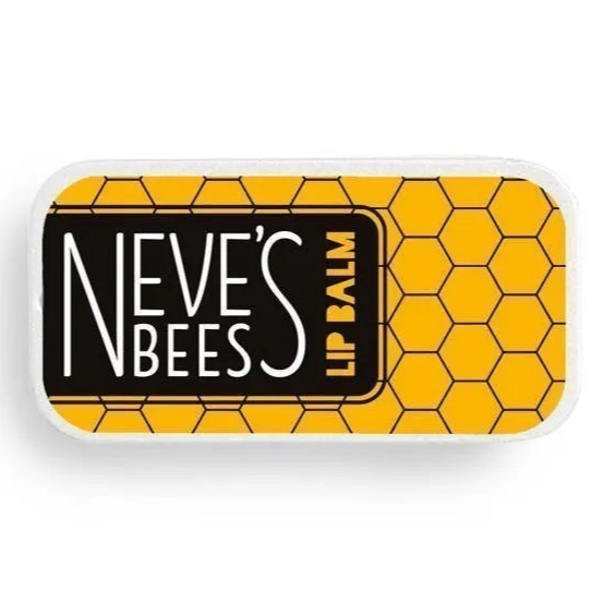 Lip balm container with 'Neve's Bees' branding on a white background - flavoured with vanilla and grapefruit, this  lip balm is specially formulated for men.