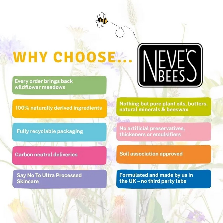 Promotional graphic for Neve's Bees with reasons to choose their products, set against a floral background.