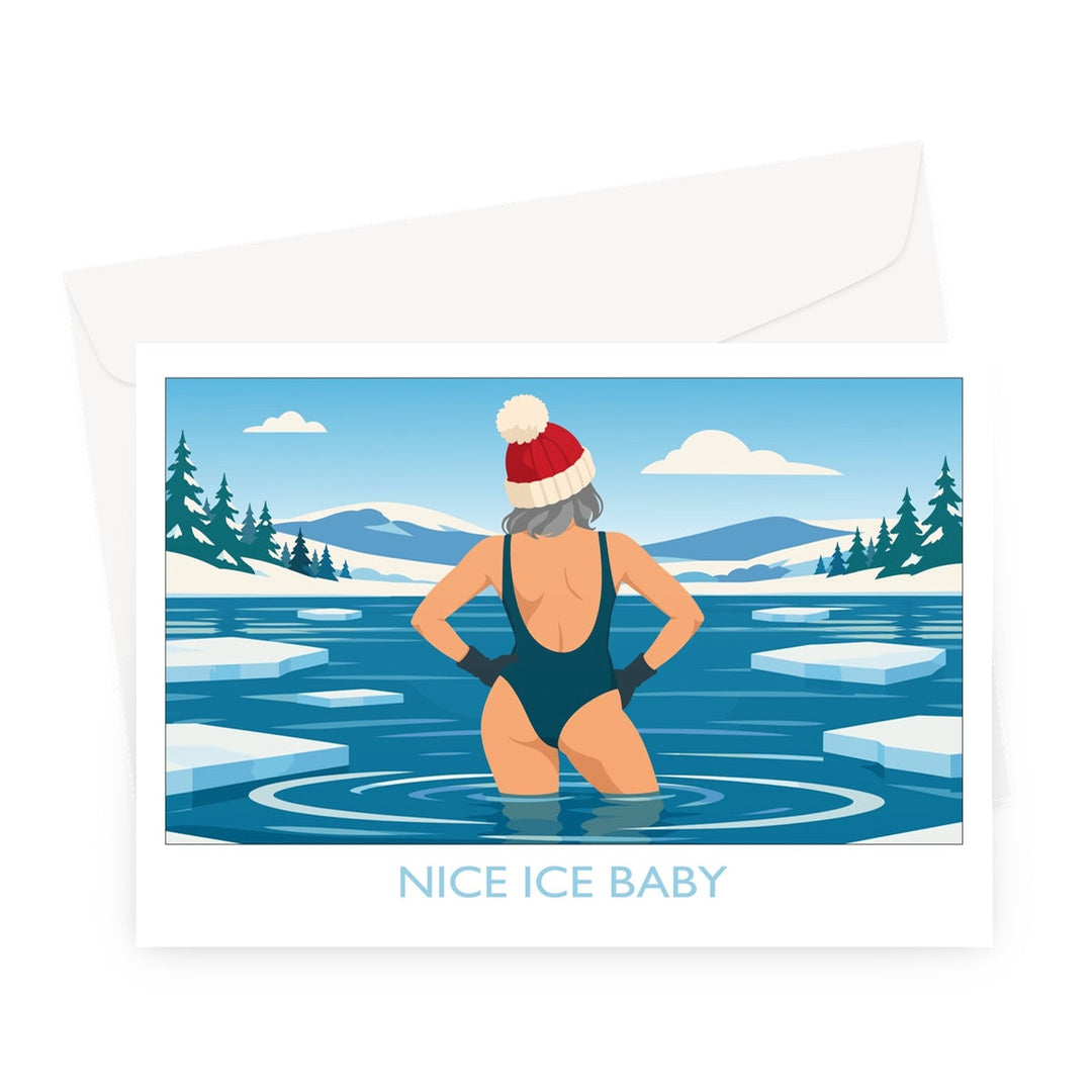 Nice Ice Baby wild swimming Christmas card by Wild Swim Studio featuring a swimmer in a bobble hat standing in an icy lake surrounded by floating ice