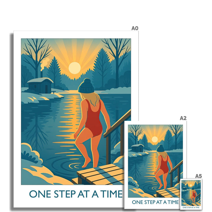One Step at a Time wild swimming art print shown in A0–A5 sizes, printed in the UK on FSC-certified paper using eco-friendly inks.