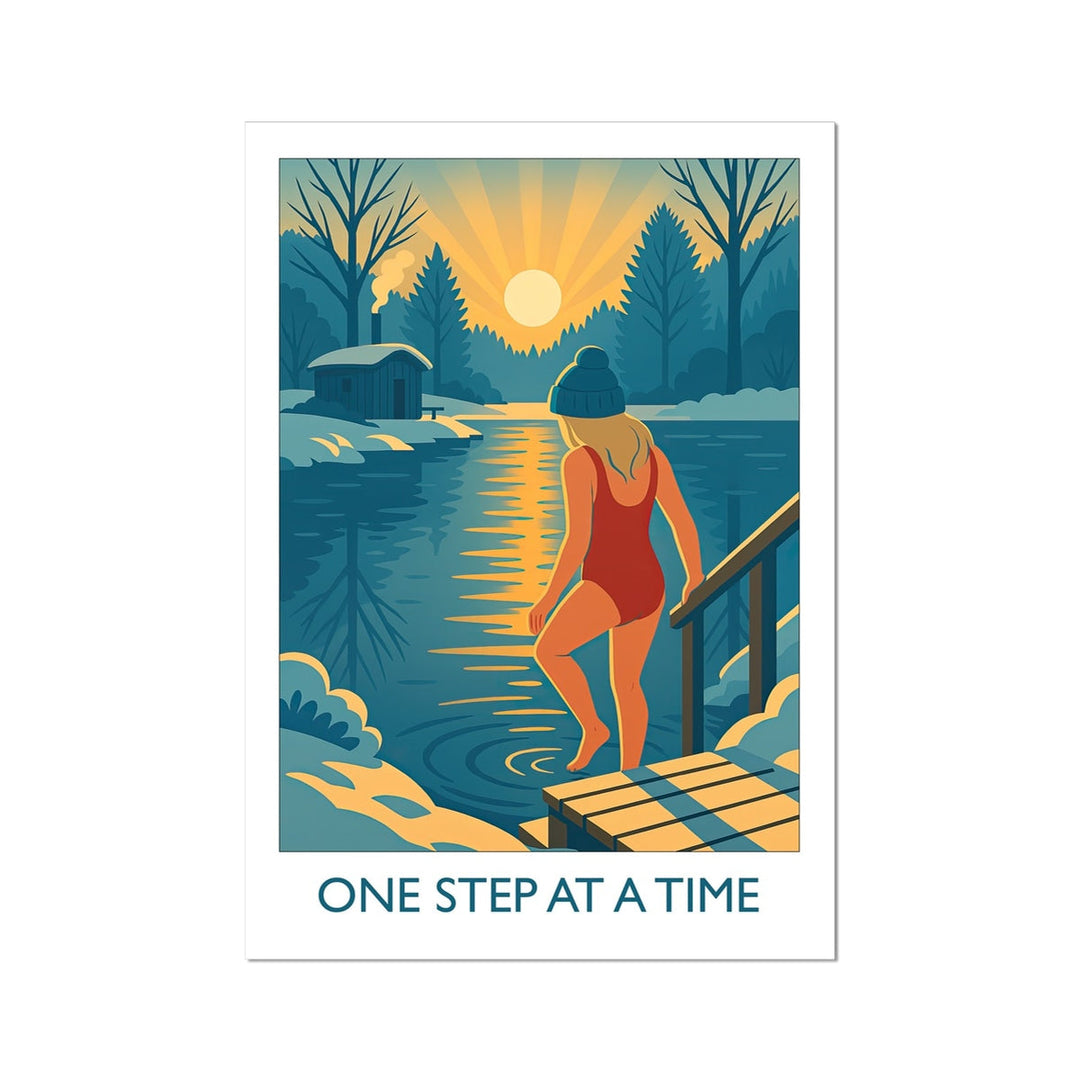 One Step at a Time wild swimming art print showing a swimmer stepping into a winter lake at sunrise, inspiring confidence and mindful calm.