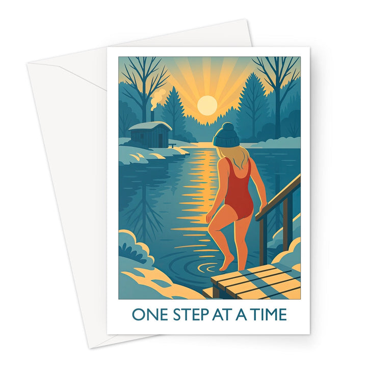 One Step at a Time wild swimming greeting card showing a swimmer stepping into a winter lake at sunrise; encouraging open water swimming.
