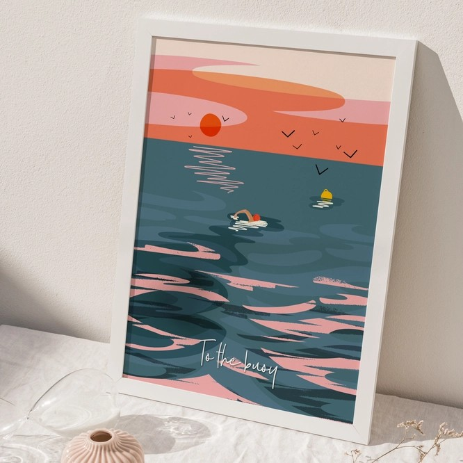 This A4 sea swimming print by Onneke features a lone swimmer heading for the buoy – bold, inspiring, and sustainably printed in the UK.