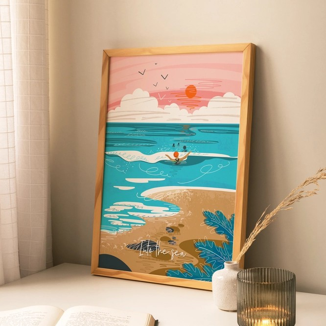 Bring the coast indoors with Onneke’s framed wild swimming print “Into the Sea” – colourful, calming, and made in the UK.