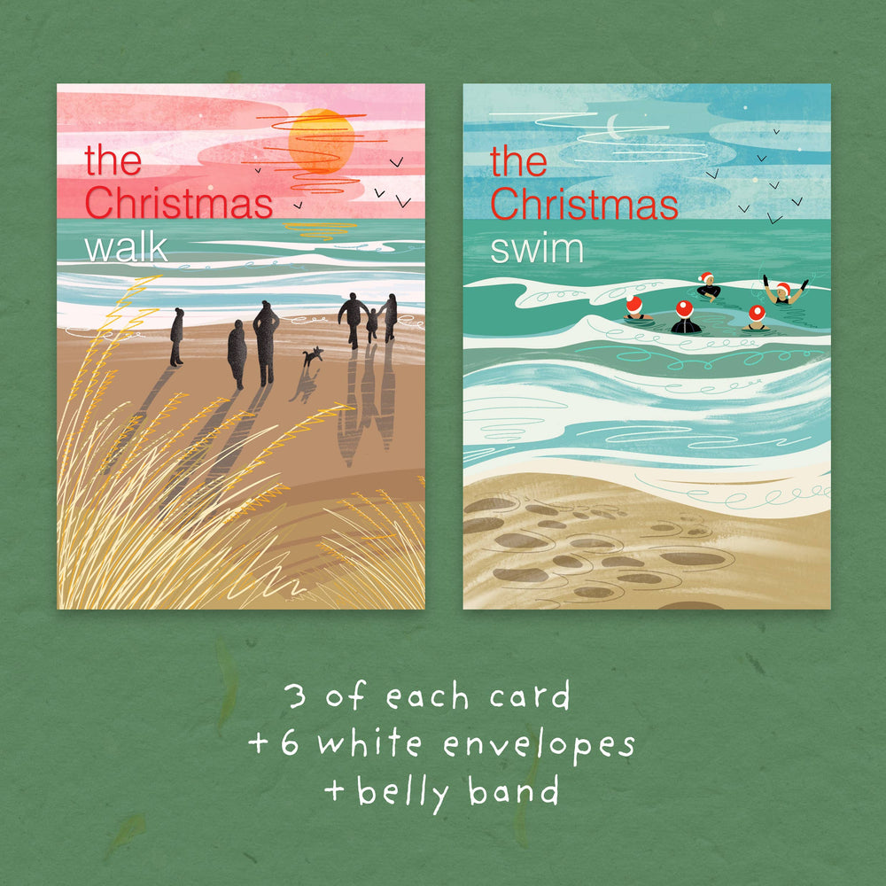 Onneke Christmas cards pack of 6, featuring swimmers in Santa hats enjoying a festive sea swim and families walking along a beach at sunset