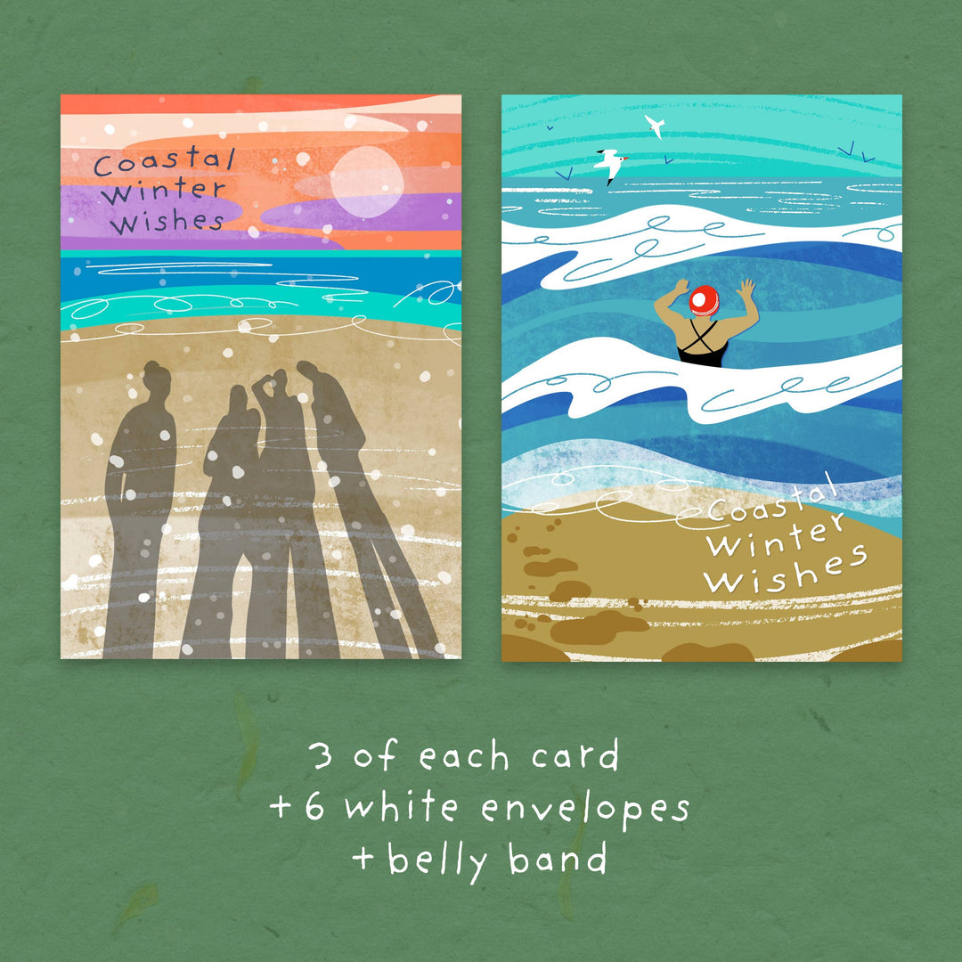 Onneke Coastal Winter Wishes Christmas cards featuring a festive sea swimmer and friends walking along a snowy beach at sunset