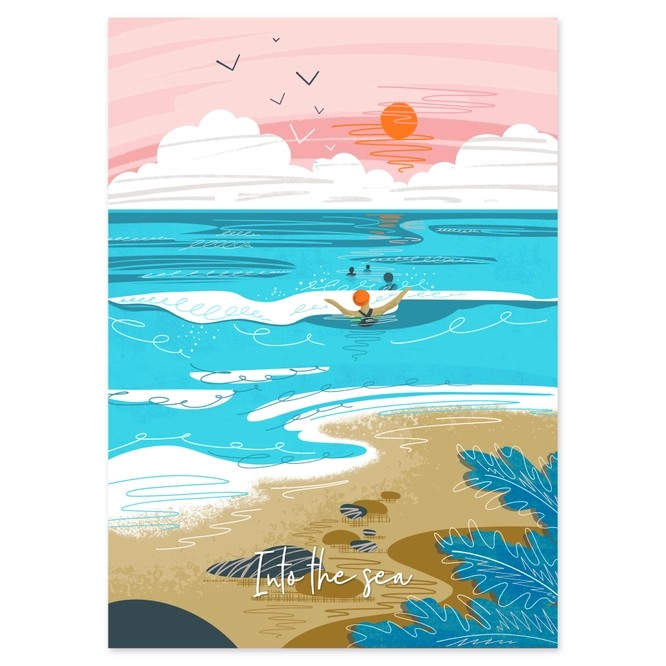 A beautifully illustrated swim scene by Onneke – “Into the Sea” is a perfect gift or décor piece for wild swimmers and beach dreamers.