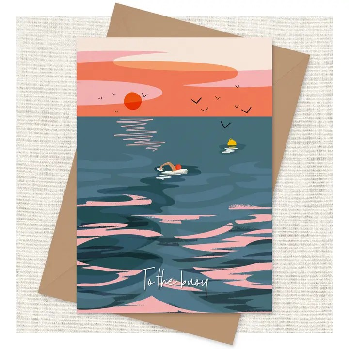 “To the Buoy” by Onneke – an eco-friendly greeting card capturing the peace and freedom of a solo sea swim. UK-made and swimmer-approved.