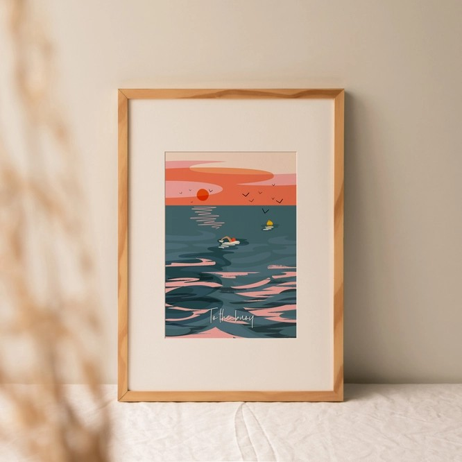 A beautiful pink-toned swim scene by Onneke – this wild swimming print brings colour and calm to any coastal home or swim lover’s space.