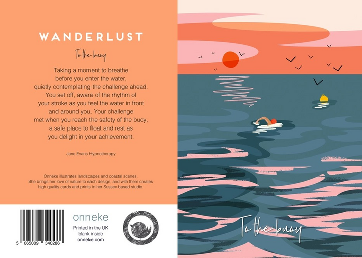Swim into the sunset with Onneke’s beautifully illustrated “To the Buoy” card – ideal for wild swimmers and swim buddies alike.