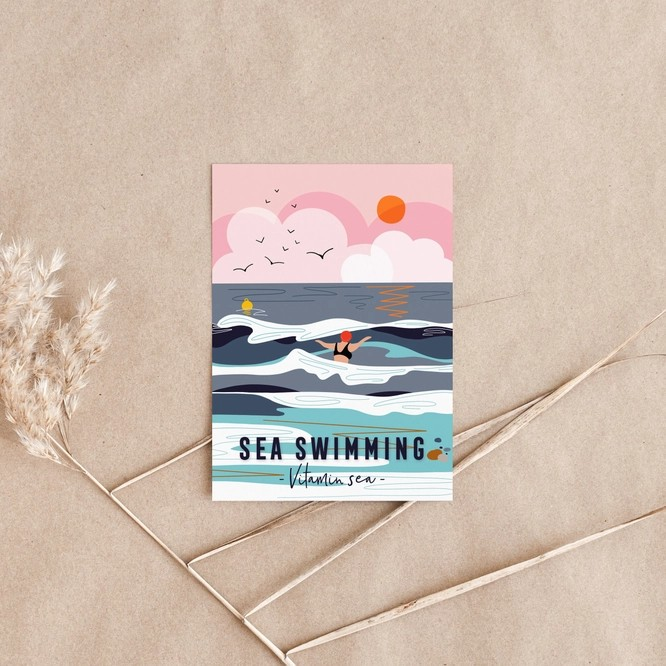 This pink-skied “Vitamin Sea” card by Onneke captures the spirit of sea swimming – sustainably printed and perfect for swimmers.