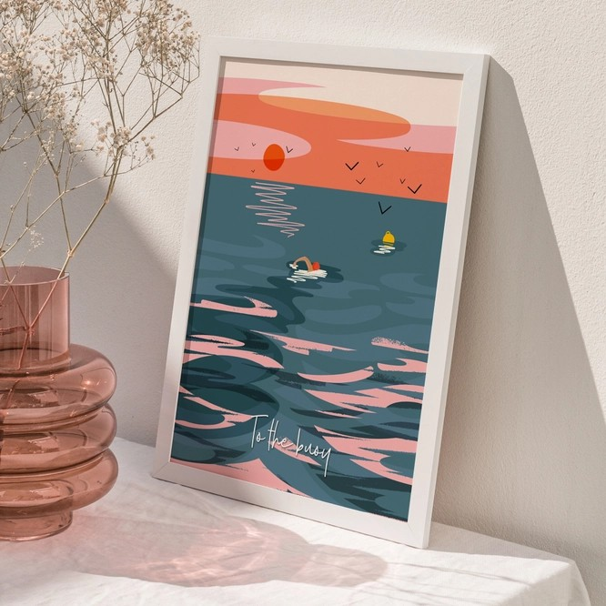 “To the Buoy” art print by Onneke captures a serene wild swim at sunset – eco-friendly, UK-made, and perfect for open water lovers.